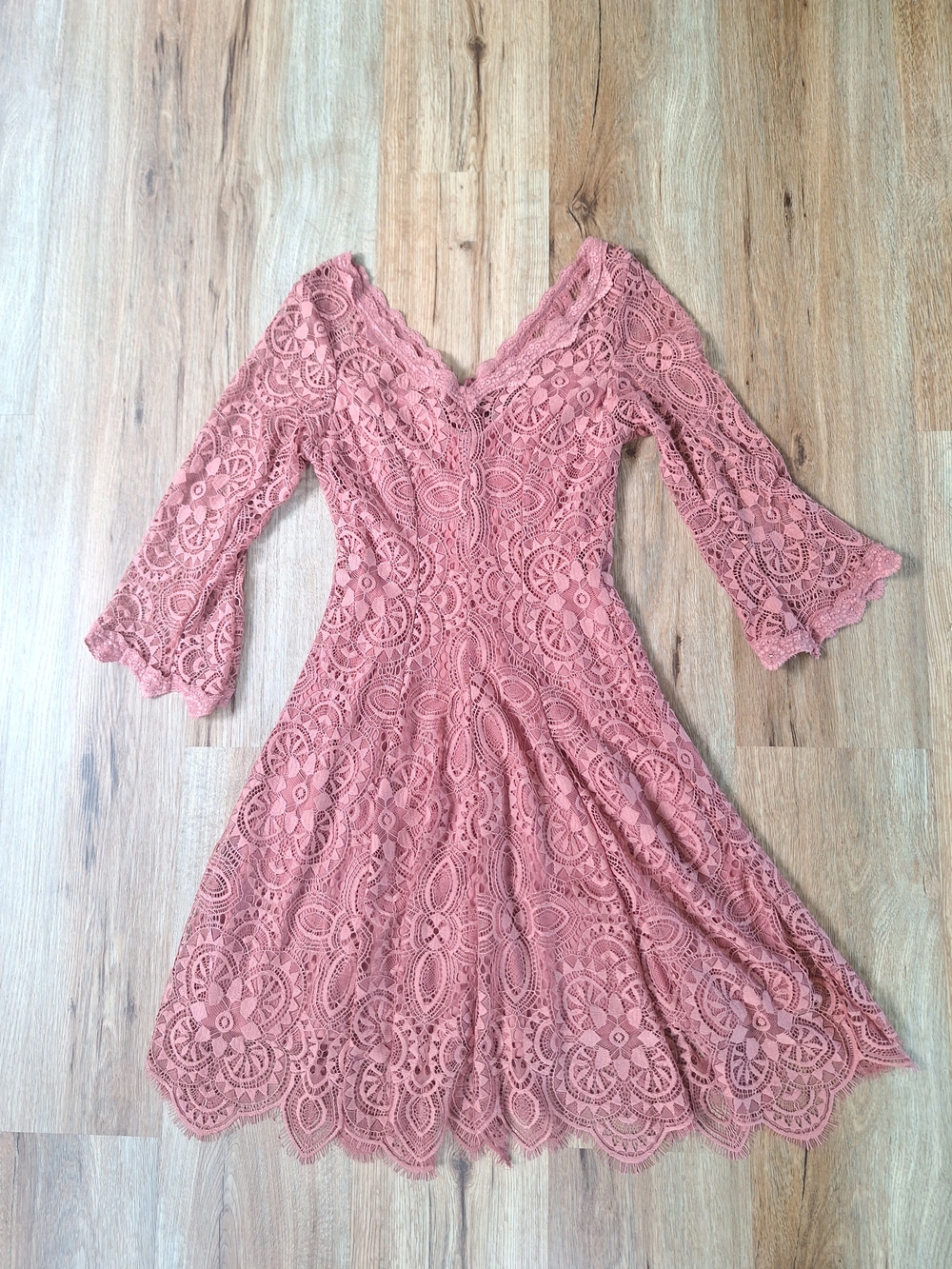 Dusty Rose Lace V-Neck Fit & Flare Bell Sleeve Dress